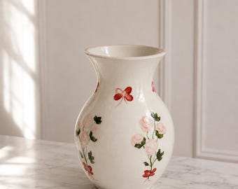Vintage Homco Floral Vase, Pink Rose Ceramic Vase, Cottagecore Home Decor, Shabby Chic Flower Vase, Handmade Ceramic Vase