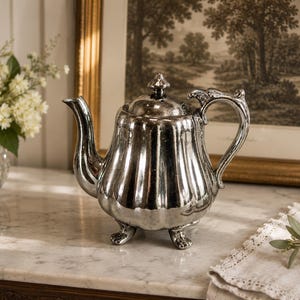 Antique British Silver Luster Teapot c.1830-1840 | Rococo Footed Earthenware Tea Pot | Early Victorian Staffordshire Silver Lustre