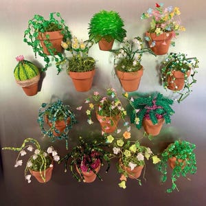 Könnte beinhalten: Eine Sammlung von vierzehn magnetischen Miniatur-Topfpflanzen aus bunten Glasperlen und Draht. Jede Pflanze befindet sich in einem kleinen terrakottafarbenen Topf und stellt verschiedene botanische Formen wie Kakteen und Blumen dar.