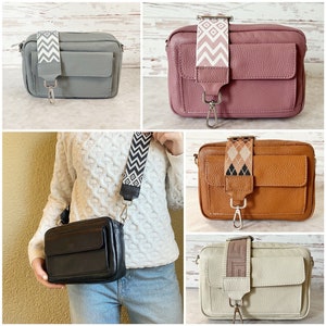 Crossbody bag mit Wechselgurt, Leder Umhängetasche mit breitem Gurt, Quadratische Schultertasche zwei Fächern mit silbernem Reißverschluss