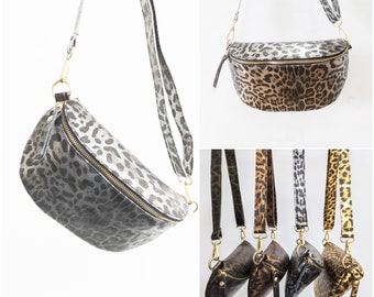 Metallic Leopard Silver Crossbody Bag Women, Glitter Fanny Pack Gold Leo Print, Shoulder Bag, Sling Waist Bag, Gift for Wife, Bum Bag Travel
