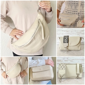 Bauchtasche Beige Leder für Frauen, Umhängetasche Damen Breitem Gurt, Creme Gürteltasche Mittelalter, Schultertasche Groß, Geschenk Mutter Bild 1