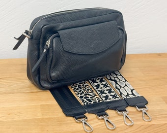 Sac à bandoulière en cuir avec poche supplémentaire à fermeture à rabat magnétique, grand sac à bandoulière, accessoires argentés, sac banane pour femme, sac à bandoulière noir