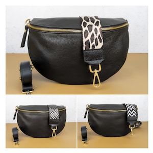 Schwarze Crossbody Tasche mit Gold Zipper, Große Gürteltasche Frauen, Kleine Schultertasche für Reisen, Mittlere Leder Bauchtasche, Bauchtasche, Sling Bag
