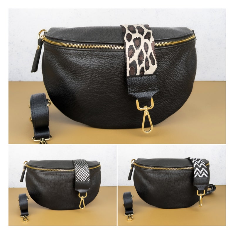 Crossbody Bag Schwarz Leder Gold Zipper Hardware, Große Bauchtasche Frauen, Umhängetasche Reisen, Mittlere Gürteltasche, Kleine Bauchtasche, Sling Bag Bild 1