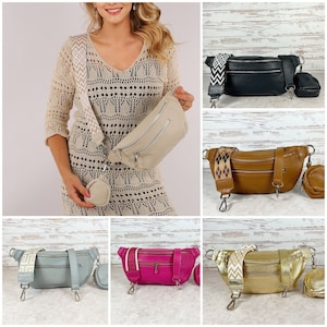 Bauchtasche mit breitem Gurt Damen, Umhängetasche Echt Leder, Mittlere Leder Schultertasche, Hüfttasche, Gürteltasche, Alltagstasche