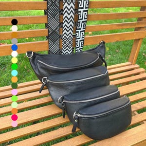 Black leather fanny pack women with 2 Straps, Chic shoulder bag beige mom, Cool crossbody bag with patterned strap, Bum Bag, Everyday Bag