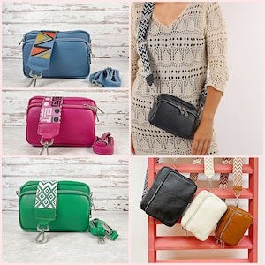 Schöne Umhängetasche mit breitem Wechselgurt Damen, Echtleder Bauchtasche Crossbody Frauen, Schultertasche Schwarz Beige Braun Blau Grün