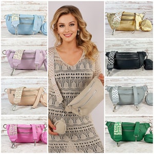 Bauchtasche Damen Leder, Umhängetasche mit breitem Gurt, Gürteltasche Groß, Schultertasche, Crossbody bag mit Wechselgurt, Hüfttasche Frauen