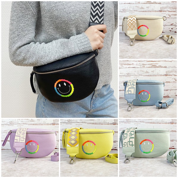 Leder Crossbody Tasche mit Wechselgurt Damen mit Smiley, Mittelgroß Umhängetasche Bauchtasche Wandern Frauen, Schultertasche Gürteltasche