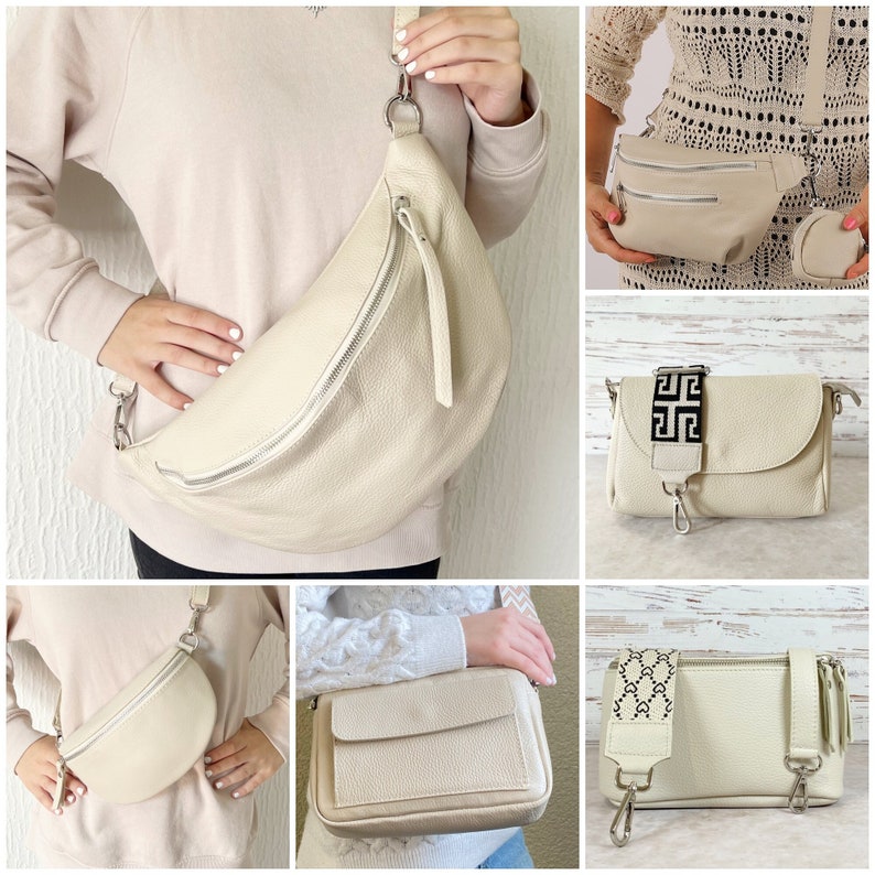 Bauchtasche Beige Leder für Frauen, Umhängetasche Damen Breitem Gurt, Creme Gürteltasche Mittelalter, Schultertasche Groß, Geschenk Mutter Bild 1