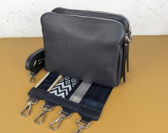 Navy Blaue Umhängetasche Tasche mit mehreren Taschen, Schultertasche Leder mit extra breitem Riemen, Sling Bag Frauen, Alltagstasche Reise Sport