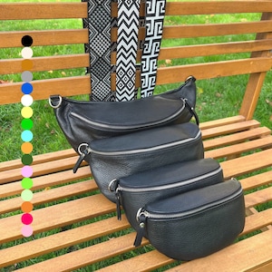 Schwarze Leder Bauchtasche Frauen mit 2 Riemen, schicke Schultertasche beige Mom, coole Crossbody-Tasche mit gemusterten Riemen, Gürteltasche, Alltagstasche