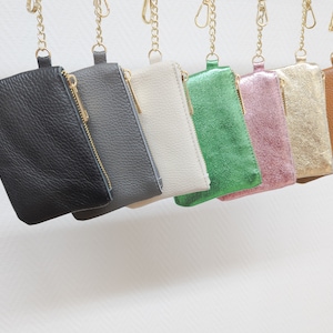 Llavero de monedero pequeño con cremallera dorada, billetera de cuero para mujer, mini monedero con cadena dorada, gancho de cierre seguro para fijación externa
