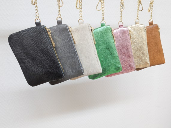 Small Coin Purse Keychain with Gold Zipper, Leather Wallet Women, Mini Change Purse Gold Chain, Secure Clasp Hook for External Attachment