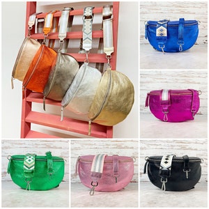Sac banane en cuir métallisé pour femme, grand sac à bandoulière scintillant, sac à bandoulière avec bandoulière amovible pour guitare, sac banane, cadeau unique pour femme
