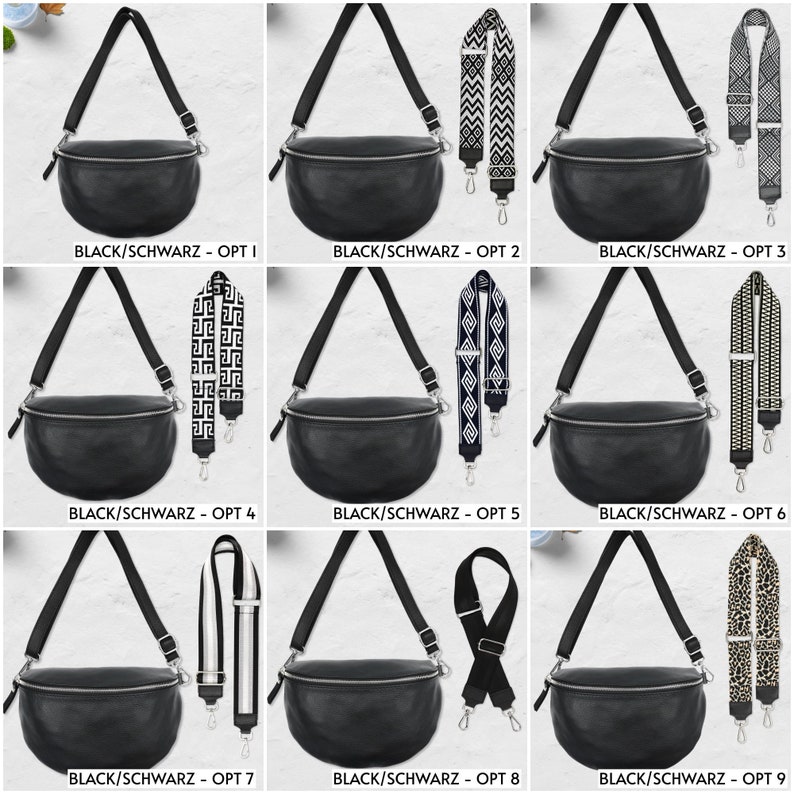 Black leather fanny pack women with 2 Straps, Chic shoulder bag beige mom, Cool crossbody bag with patterned strap, Bum Bag, Everyday Bag image 2