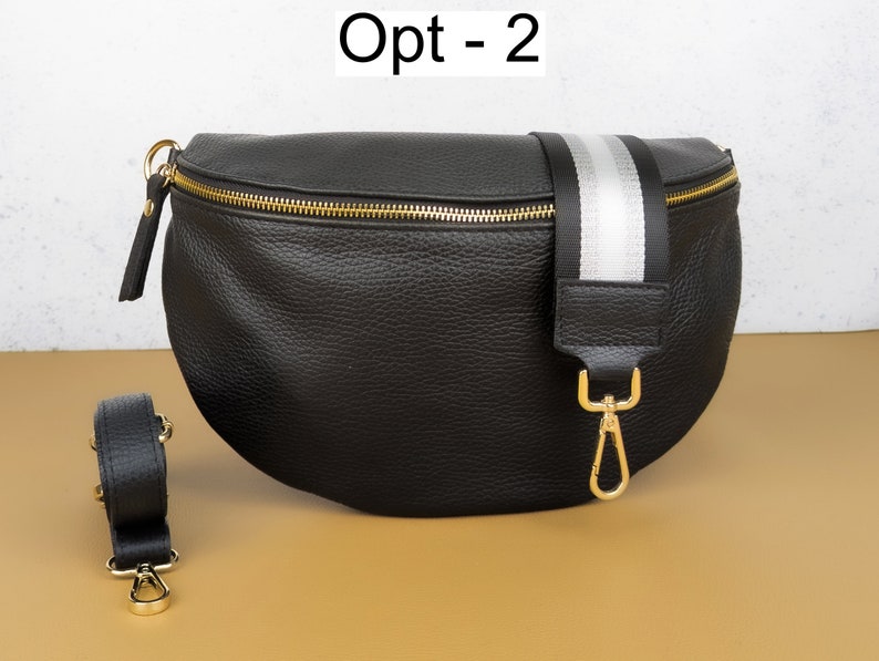 Crossbody Bag Schwarz Leder Gold Zipper Hardware, Große Bauchtasche Frauen, Umhängetasche Reisen, Mittlere Gürteltasche, Kleine Bauchtasche, Sling Bag Opt - 2