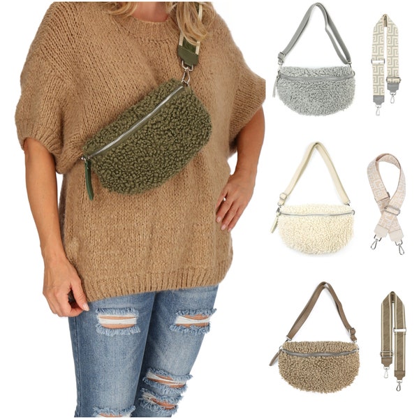 Teddy Plush Fanny Pack Women, Sherpa Fleece Grey Beige Crossbody Bag Silver Zipper, Taupe Brown Large Shoulder Bag Winter, Belt Bag