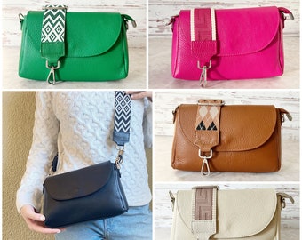 Crossbody Bag mit breitem Gurt, Leder Umhängetasche Damen, Nachttasche Frauen, Alltagstasche Mama, Valentinstag Geschenk sie, Schultertasche