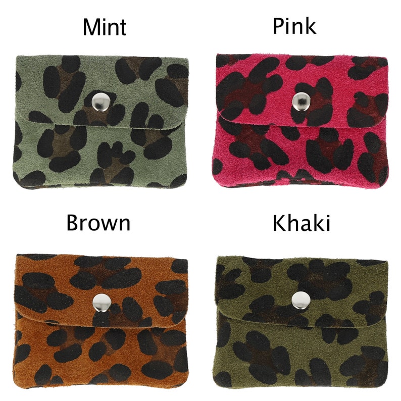 Leopard Pattern Wallet Suede, Small Coin and Card Purse, Cheetah Printed wallet with zipper card slots, Leather coin pocket, Gift for Women image 2