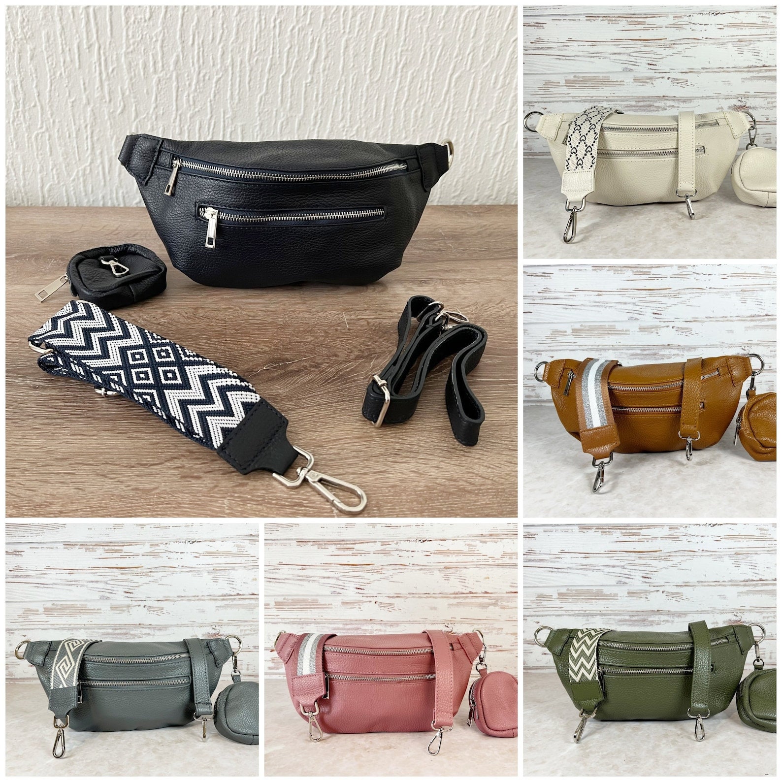 Leather Fanny Pack Women, Belt Bag With 2 Patterned Strap