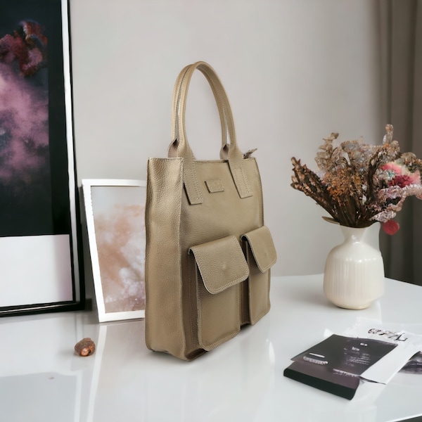 Ledertasche Frauen mit mehreren Taschen, Schultertasche mit Reißverschluss, große Weekender-Tasche mit Innen- und Außentaschen, Weihnachtsgeschenk für Sie