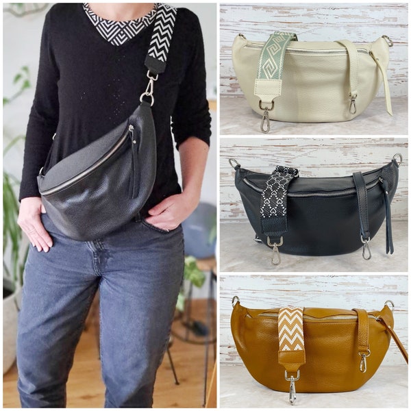 XL Leder Bauchtasche mit Breitem Wechselgurt Damen, Umhängetasche Frauen, Schultertasche, Crossbody Bag, Gürteltasche, Hüfttasche