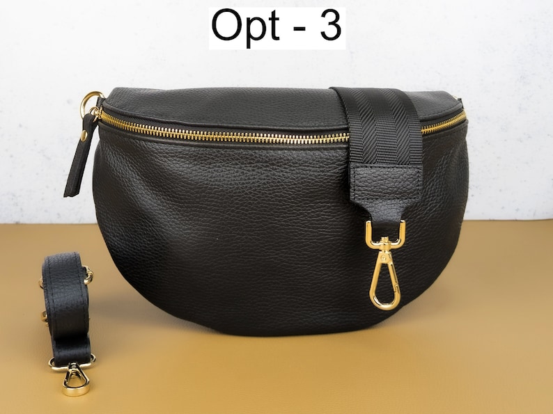 Crossbody Bag Schwarz Leder Gold Zipper Hardware, Große Bauchtasche Frauen, Umhängetasche Reisen, Mittlere Gürteltasche, Kleine Bauchtasche, Sling Bag Opt - 3