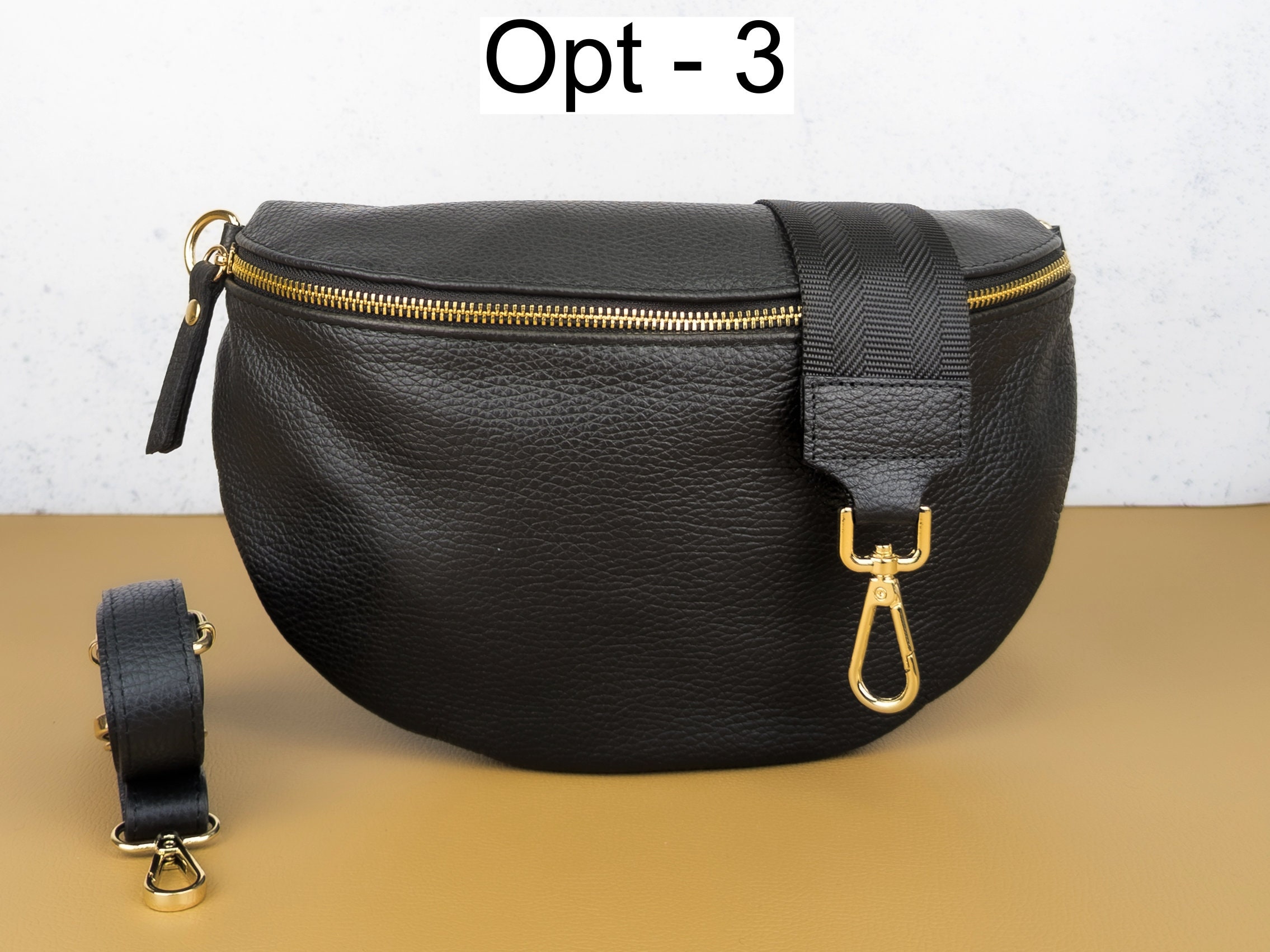 Black Crossbody Bag With Gold Zipper, Large Belt Bag Women