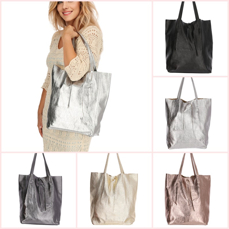 Gold Leather Tote Shopper Bag Women, Metallic Silver Shoulder bag, Bronze Large Bag pouch, Glitter shopping bag, Rose Gold Tote Bag Travel zdjęcie 3