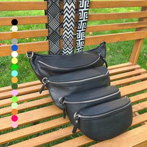 Black leather fanny pack women with 2 Straps, Chic shoulder bag beige mom, Cool crossbody bag with patterned strap, Bum Bag, Everyday Bag
