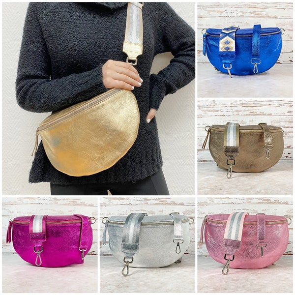 Metallic Leather Fanny Pack Women, Large Crossbody Bag, Belt Bag with guitar strap, Waist Bag, Hip Bag, Shoulder Bag with Detachable Straps