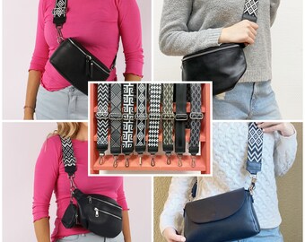 Bauchtasche Leder Damen Schwarz, Umhängetasche mit breitem Wechselgurt, Cross body Tasche, Schultertasche Reise, Schicke Gürteltasche Frauen