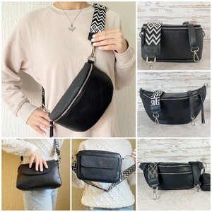 Bauchtasche Leder Damen Schwarz mit 2 Trägern, Umhängetasche mit breitem Wechselgurt, Schultertasche für Reise, Schicke Gürteltasche Frauen