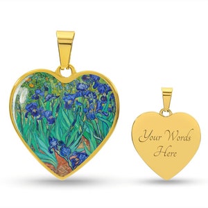 Personalized Van Gogh Irises Necklace Heart Pendant| Irises Heart Necklace | Van Gogh Artsy Jewelry| Engraving Option | Silver or Gold