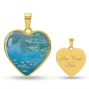 Personalized Claude Monet Water Lilies Heart Pendant Necklace | Water Lilies | Claude Monet Artsy Jewelry | Engraving Option| Silver or Gold