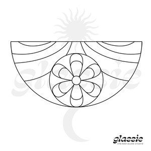 May include: Black and white line drawing of a stained glass window design featuring a stylized flower with a circle in the center. The design is in the shape of a half circle.