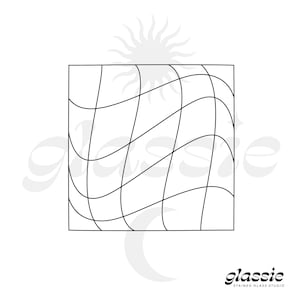 May include: A black and white line drawing of a stained glass window design. The design features a grid of curved lines that create a wavy pattern.