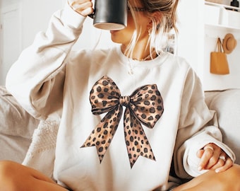 Leopard Print Bow Coquette Bow Sweatshirt Bow Shirt Coquette Aesthetic Bow Crewneck Girly Tee Trendy Aesthetic Cute Coquette Sweatshirt