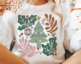 Floral Christmas Shirt, Boho Floral Christmas Sweatshirt, Retro Floral Christmas Crewneck, Christmas Shirts For Women, Winter Clothing Gifts
