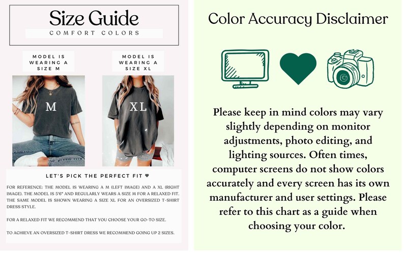 May include: Size guide for t-shirts with two models wearing different sizes, a size M and a size XL. The text says "Model is wearing a size M" and "Model is wearing a size XL". The text also says "Let's pick the perfect fit" and provides sizing recommendations for a relaxed fit and an oversized t-shirt dress style.