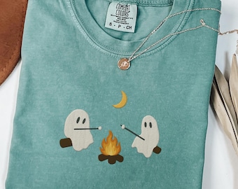 Cute Ghosts Camping Embroidered Comfort Colors Tee, Summerween, Spooky Season Outdoors Gifts, Halloween Vintage Embroidery Tshirt