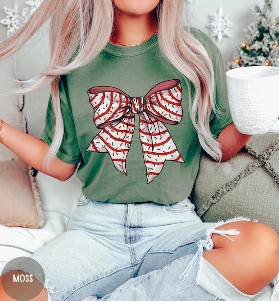 Christmas Cake Bow Comfort Colors Shirt, Aesthetic Christmas Shirt, Girly Christmas Graphic Tee, Coquette Christmas Tee, Gift for Her