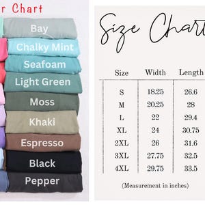 May include: A color chart showing 24 different colors of t-shirts, with the name of each color listed below the corresponding swatch. The chart also includes a size chart with measurements in inches for sizes S through 4XL.
