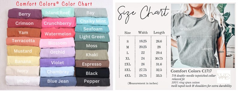 May include: A color chart showing 24 different colors of t-shirts, with the name of each color listed below the corresponding swatch. The chart also includes a size chart with measurements in inches for sizes S through 4XL.