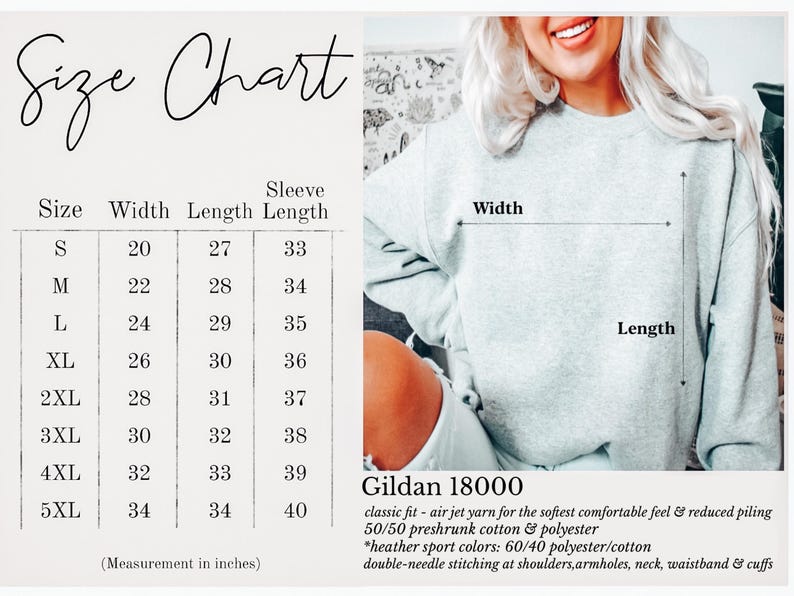 May include: A light gray sweatshirt with a size chart and product details. The size chart shows measurements in inches for width, length, and sleeve length. The product details include the brand, fabric, and features.