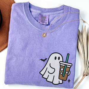 Comfort Colors Embroidered Cute Ghost Coffee Shirt, Cute Little Ghost Iced Coffee Tee, Boo Ghost Shirt, Ghost Coffee Halloween Coffee Lovers