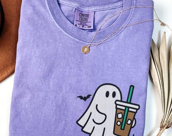 Comfort Colors Embroidered Cute Ghost Coffee Shirt, Cute Little Ghost Iced Coffee Tee, Boo Ghost Shirt, Ghost Coffee Halloween Coffee Lovers