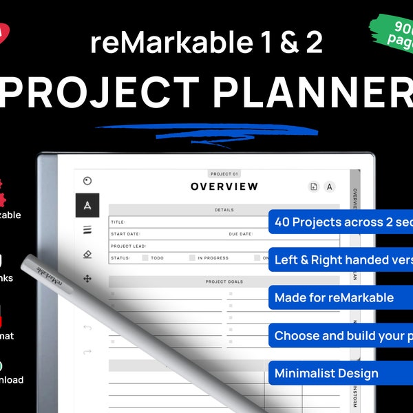 Projectplanner voor reMarkable tablets | Opmerkelijke 2 sjablonen | Bedrijfsplanner voor professionals | Werkplanner voor projectmanagement
